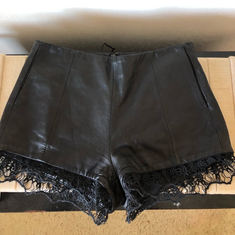 rag & bone Black Leather Shorts with Lace Trim